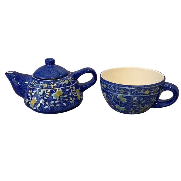 World Market Tea For One Blue Floral Ceramic Teapot/Cup Combo Stackable - Picture 5 of 14